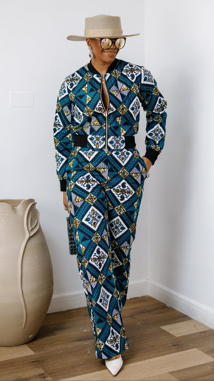 ADA AFRICAN PRINT BOMBER JACKET AND PANTS SET [BLUE]