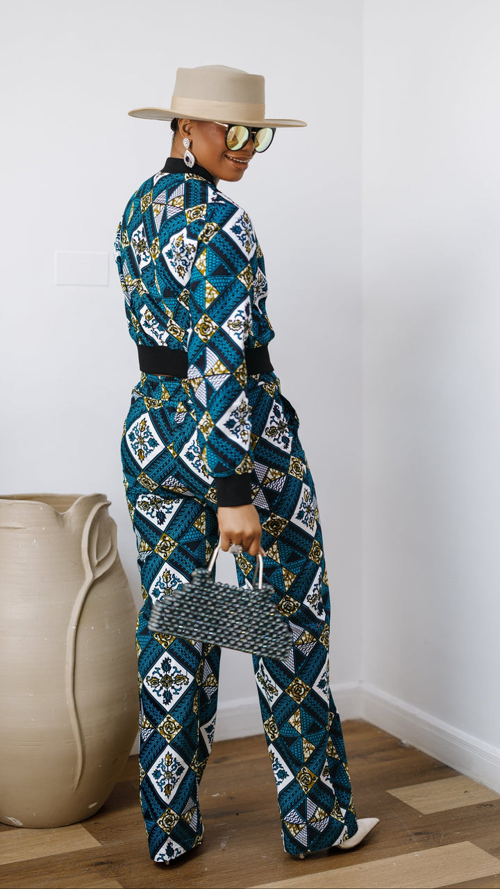 ADA AFRICAN PRINT BOMBER JACKET AND PANTS SET [BLUE]