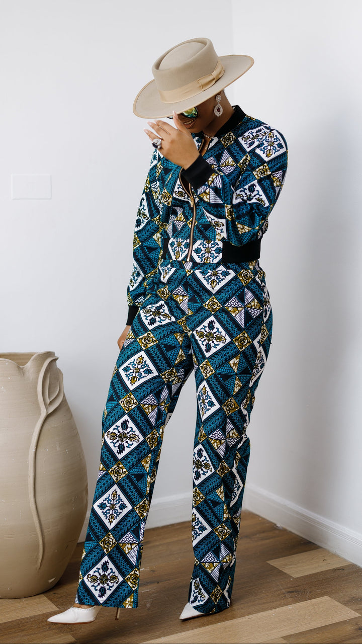 ADA AFRICAN PRINT BOMBER JACKET AND PANTS SET [BLUE]