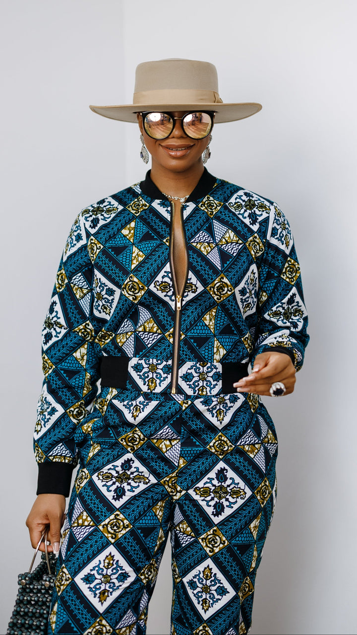 ADA AFRICAN PRINT BOMBER JACKET AND PANTS SET [BLUE]