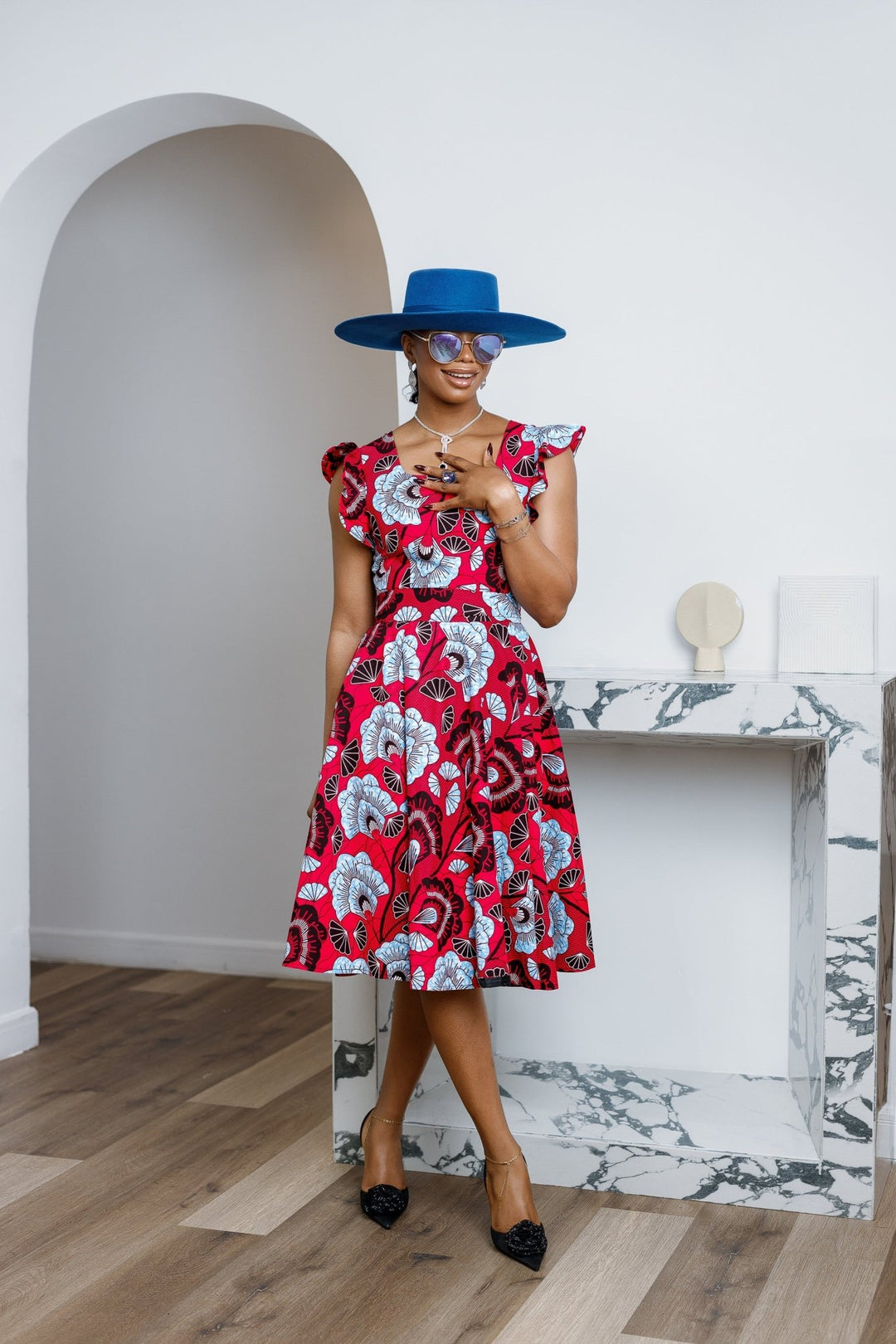 MALIKA AFRICAN PRINT FRILL SLEEVE DRESS [RED] - Especially Yours