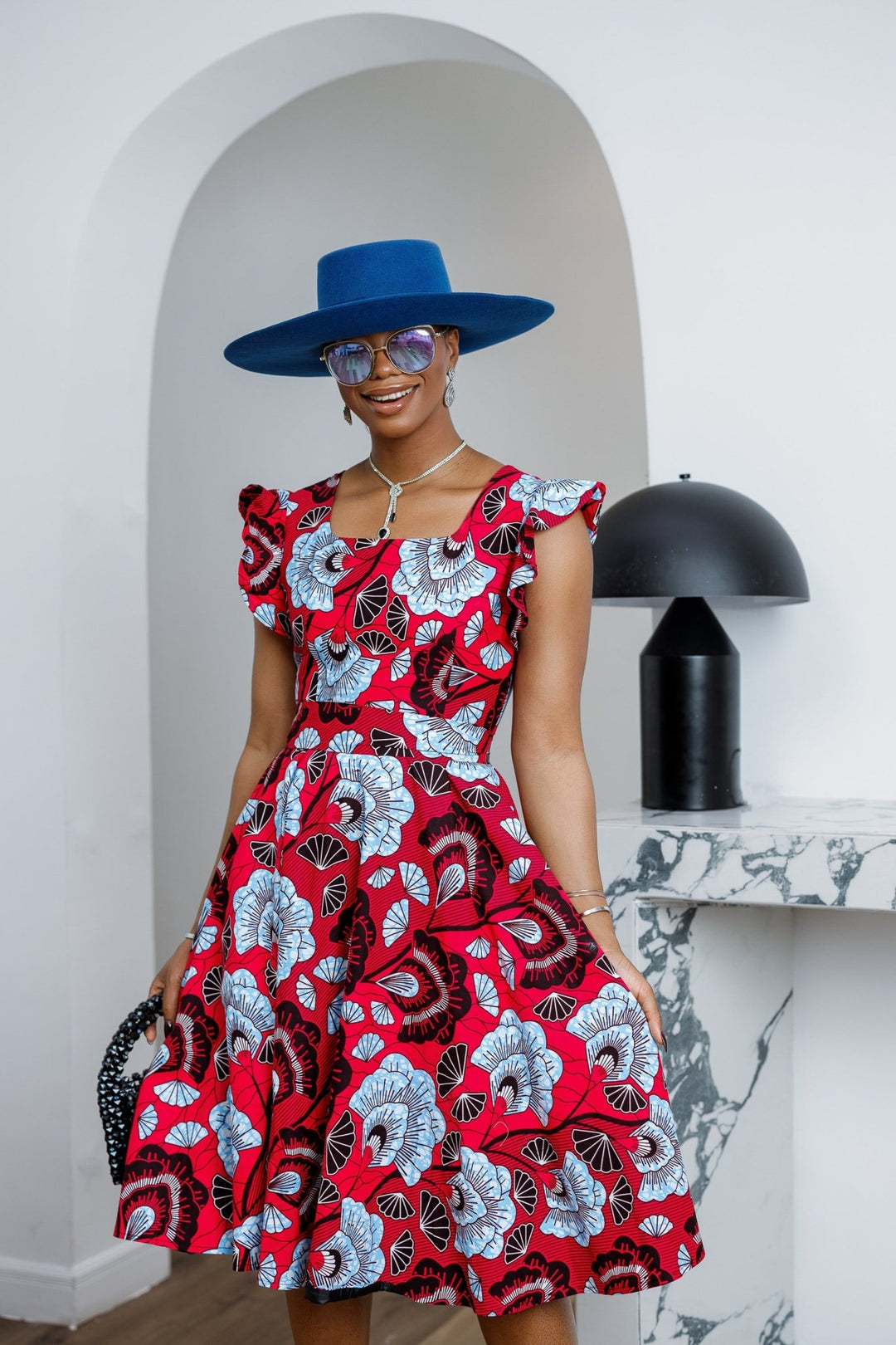 MALIKA AFRICAN PRINT FRILL SLEEVE DRESS [RED] - Especially Yours