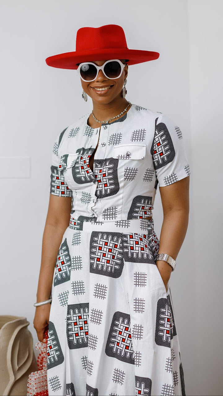 AMARA AFRICAN PRINT CROP TOP & MIDI SKIRT SET [WHITE]