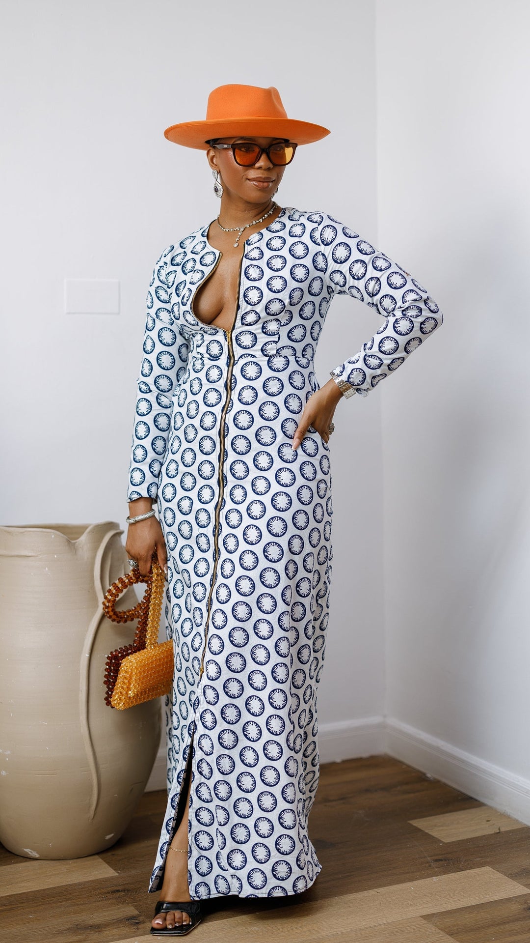 FARIDA AFRICAN PRINT LONG SLEEVE FRONT ZIP MAXI DRESS [WHITE]