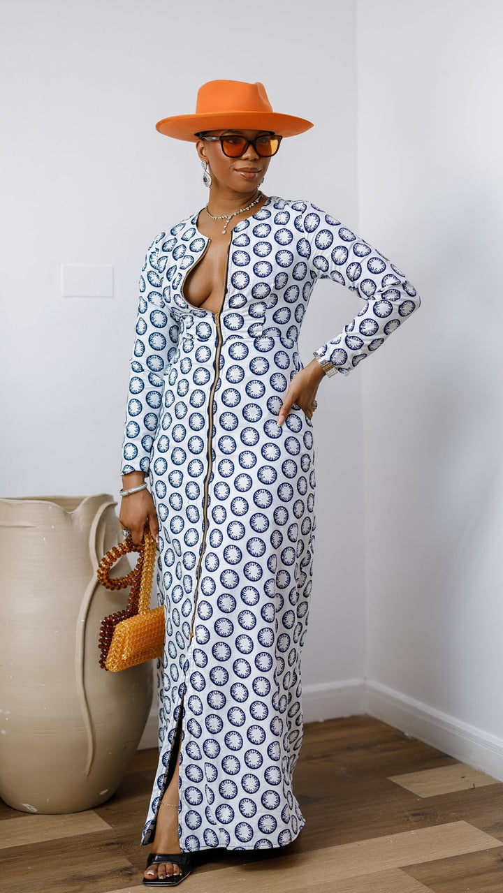 FARIDA AFRICAN PRINT LONG SLEEVE FRONT ZIP MAXI DRESS [WHITE]