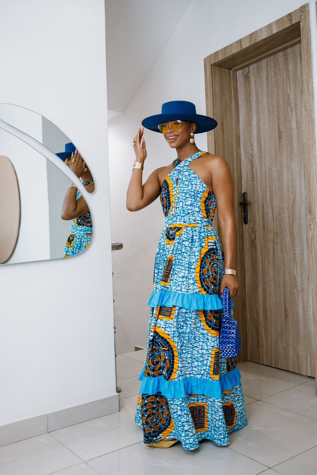 LABI AFRICAN PRINT CRISSCROSS TIERED MAXI DRESS [BLUE] - FINAL SALE - Especially Yours