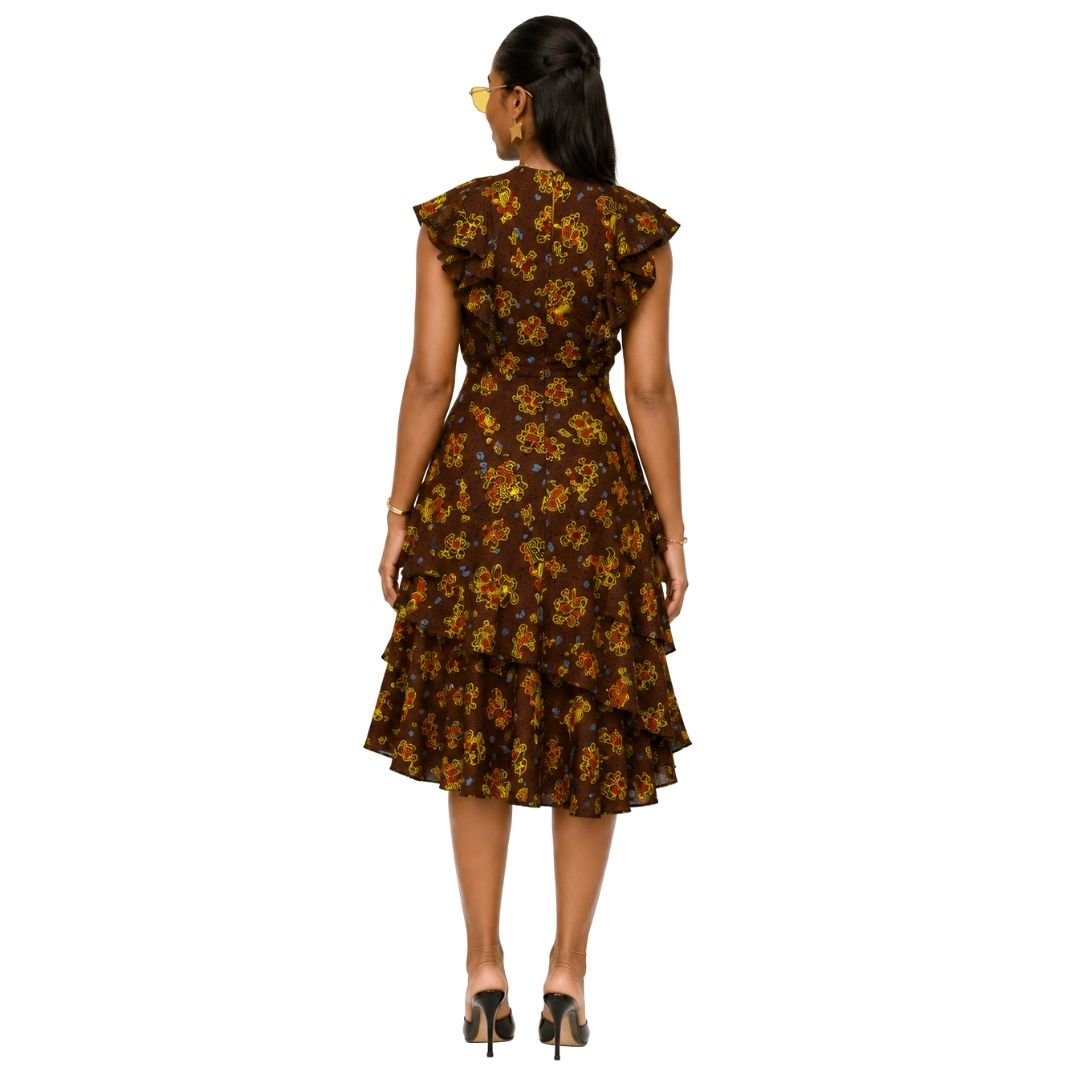 NALA AFRICAN PRINT RUFFLE NECK MIDI DRESS - Especially Yours