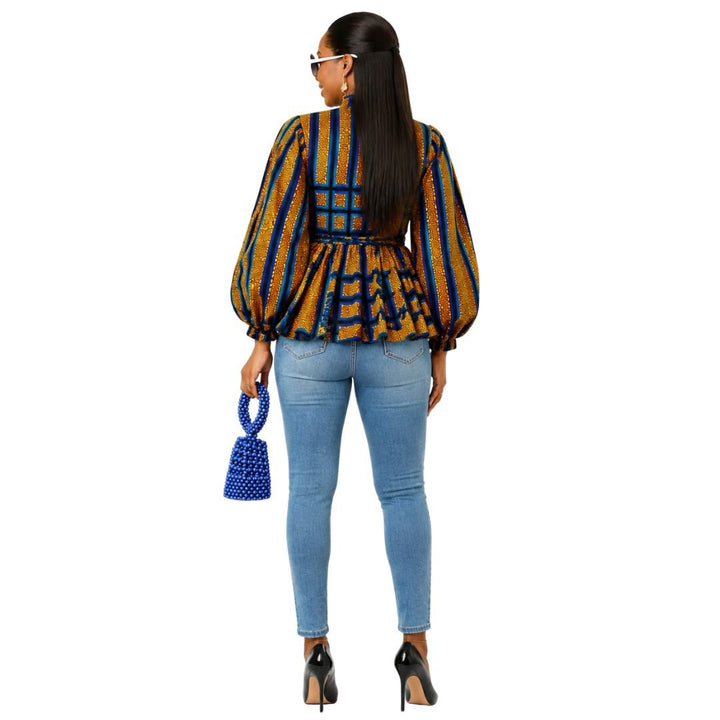 BIBI AFRICAN PRINT TIE NECK PEPLUM TOP [BLUE] - Especially Yours