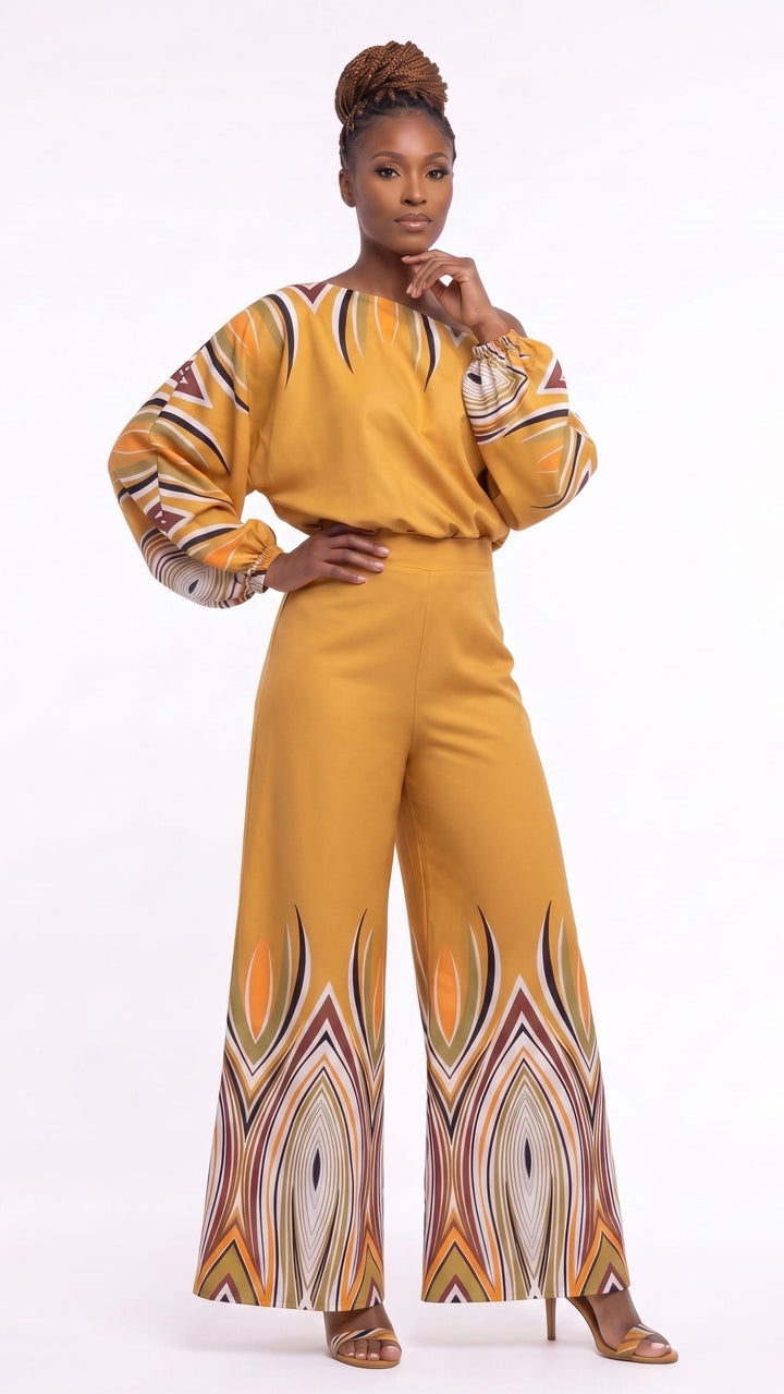 Off-Shoulder Border Print Pantset – Studio EY