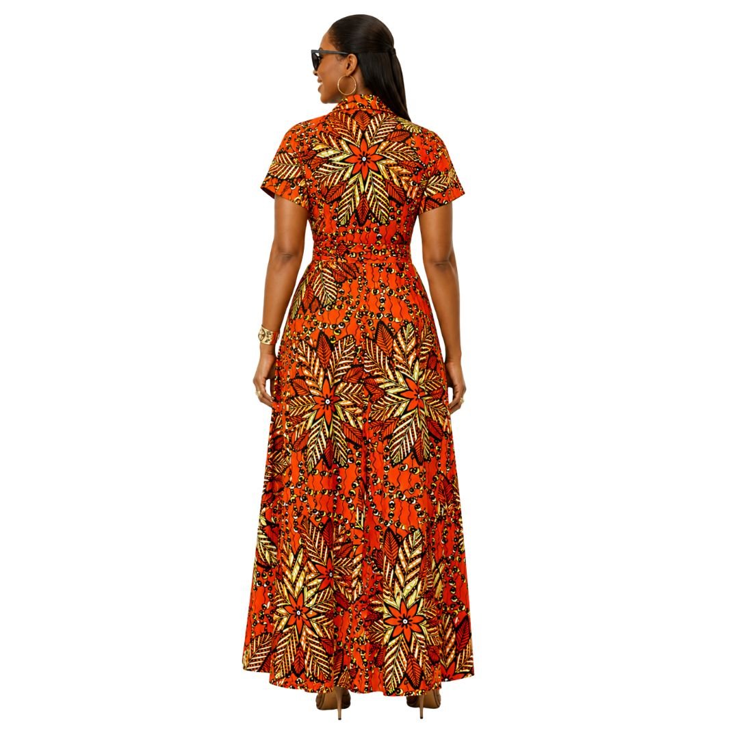 NANNY AFRICAN PRINT MAXI A - LINE SHIRT DRESS [ORANGE] - Especially Yours