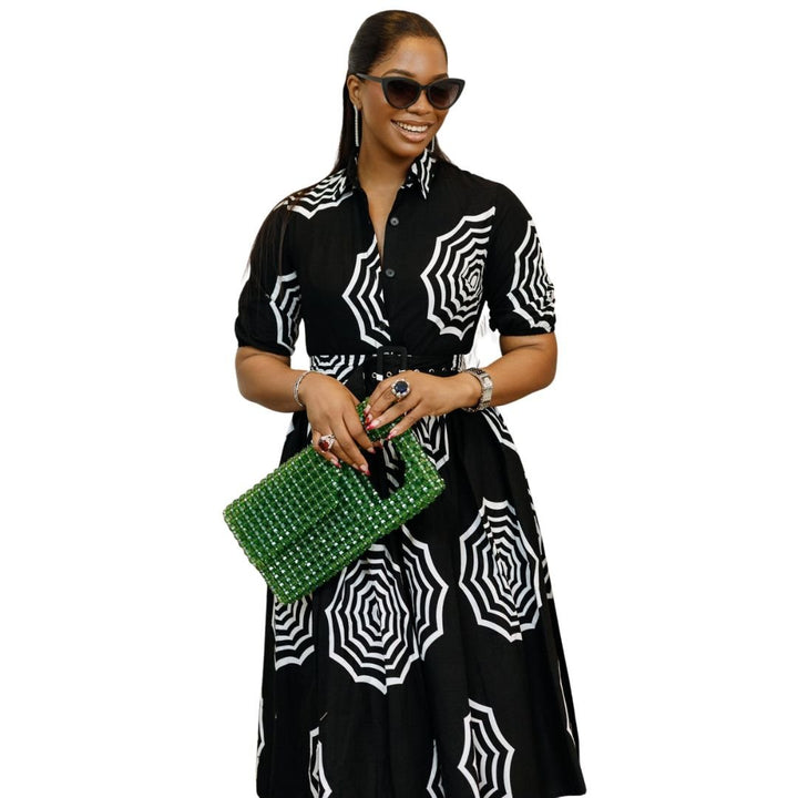 MOREMI AFRICAN PRINT BUTTON DOWN DRESS [BLACK] - Especially Yours