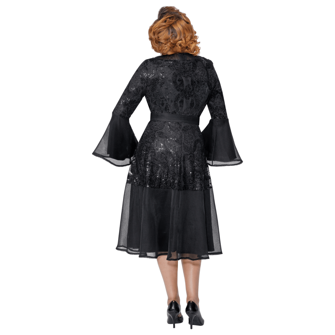 Lace and Chiffon Midi Dress with Flare Sleeves, Sequins and Sash Belt 309991 - Especially Yours