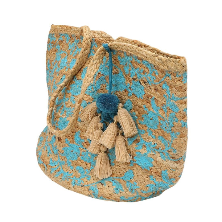 Splash Print Pom Multi Tassel Woven Straw Tote Bag - Especially Yours