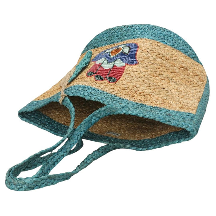 Embroidered Hamsa Hand Motif Accent Leaf Bag Charm Straw Woven Shoulder Tote Bag - Especially Yours
