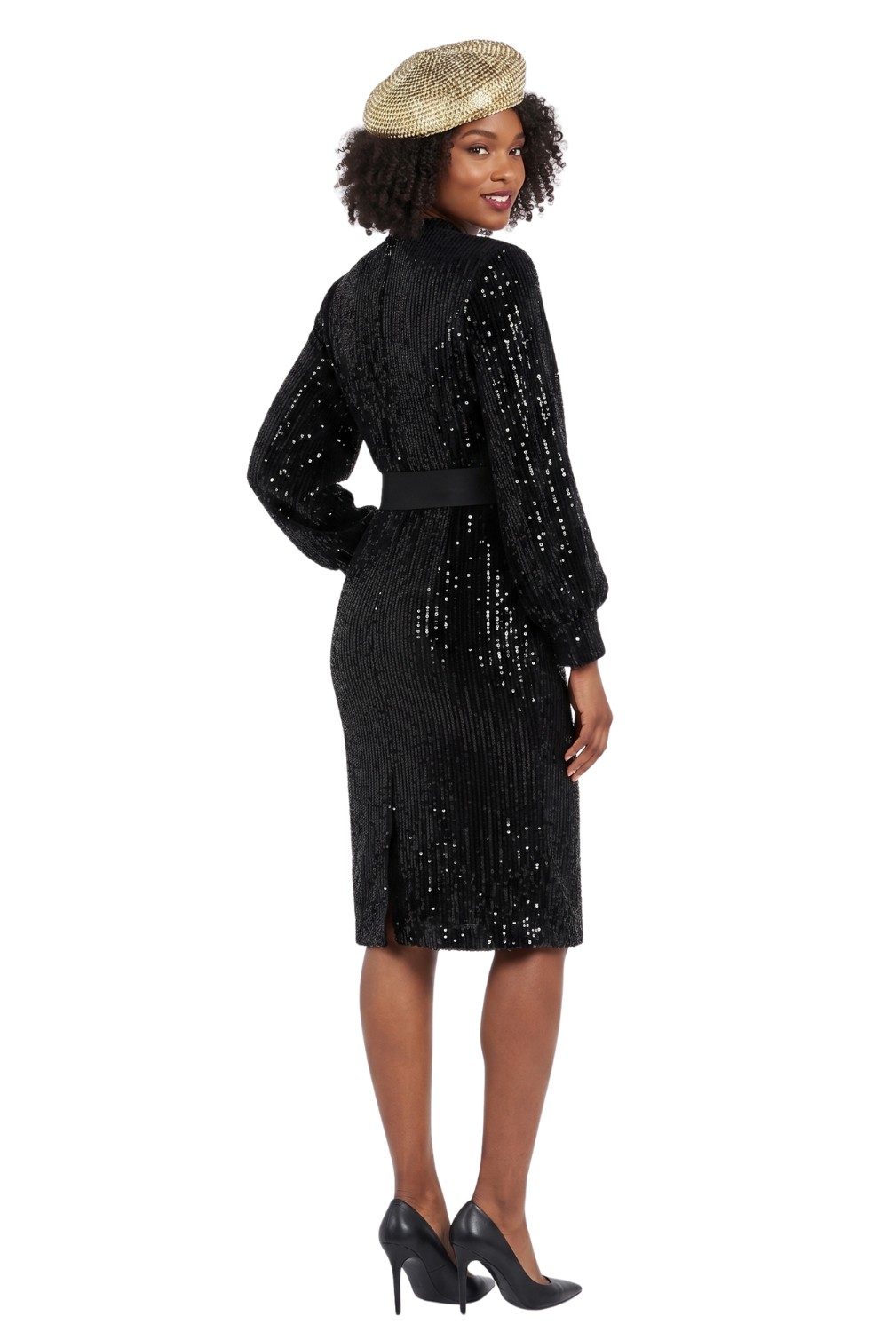 Belted Balloon Slv Shift Drs in Sequined Velvet
