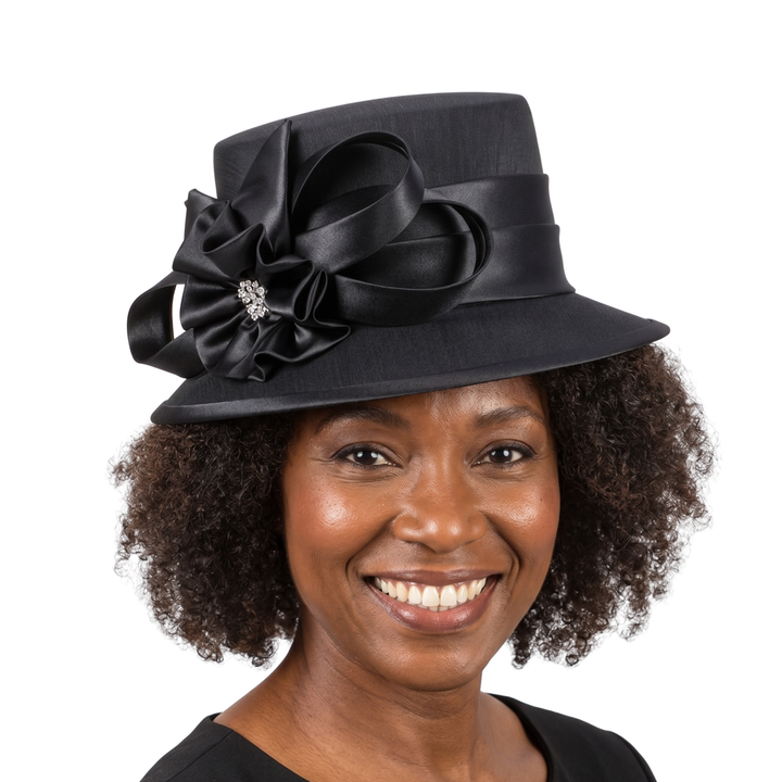 Small Brim Ribbon Flower Hat w/ Stones