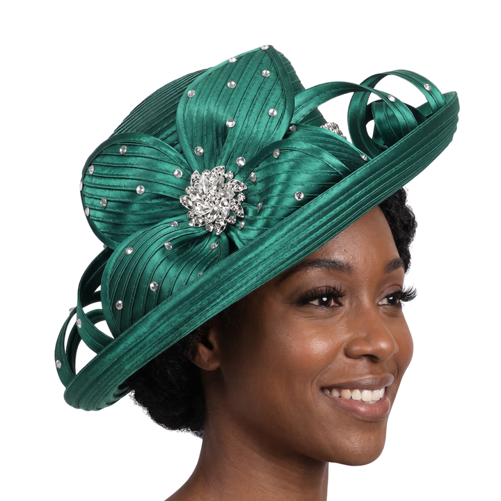 Rhinestone Med Brim Ribbon Hat w/ Flower
