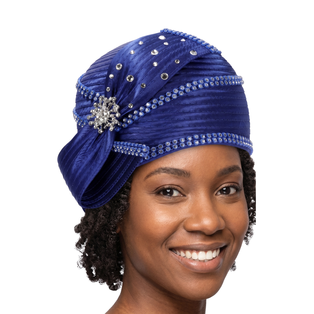 Round Ribbon Hat w/ Brooch and Rhinestoned Strip