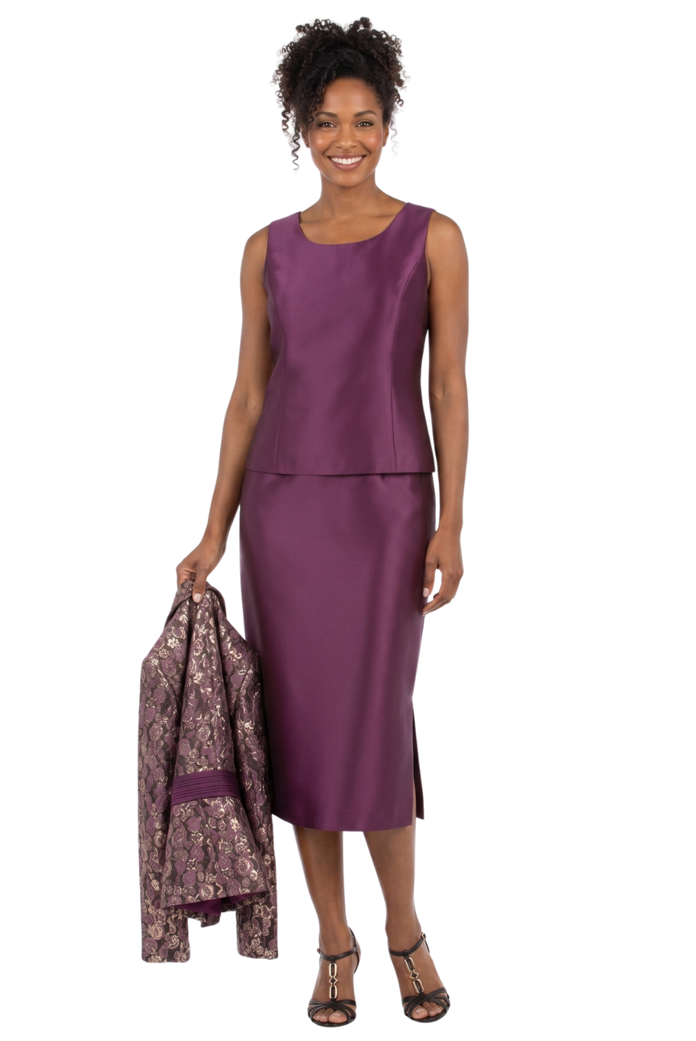 3pc Classic Brocade+Silky Twill Skirt Suit-Plus
