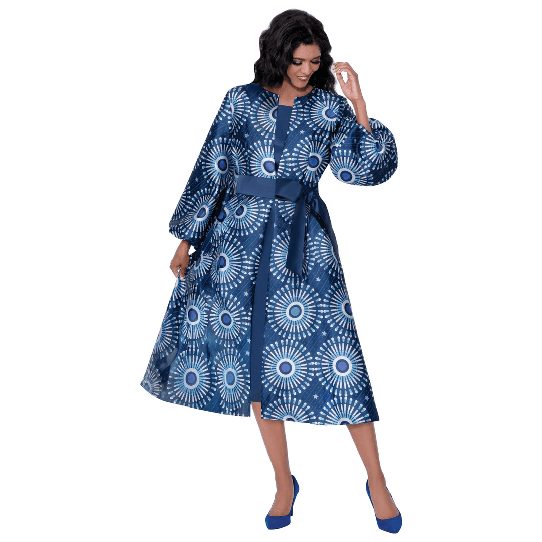 Circle Print Duster with Solid Dress, Balloon Sleeves and Sash belt DN100462 - Especially Yours