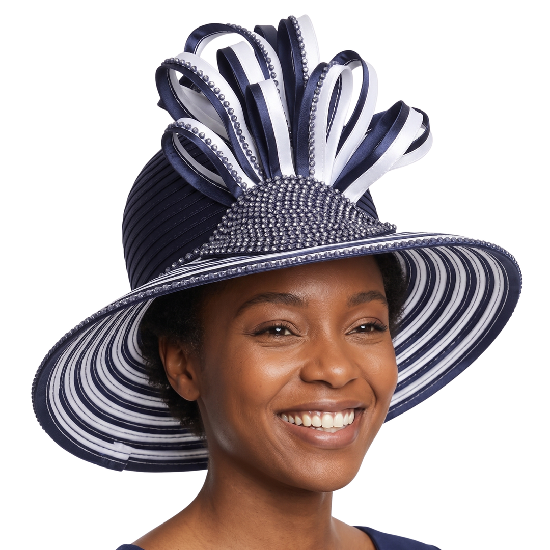 Big Brim Two-tone Hat w/ Rhst and Bouquet Decor