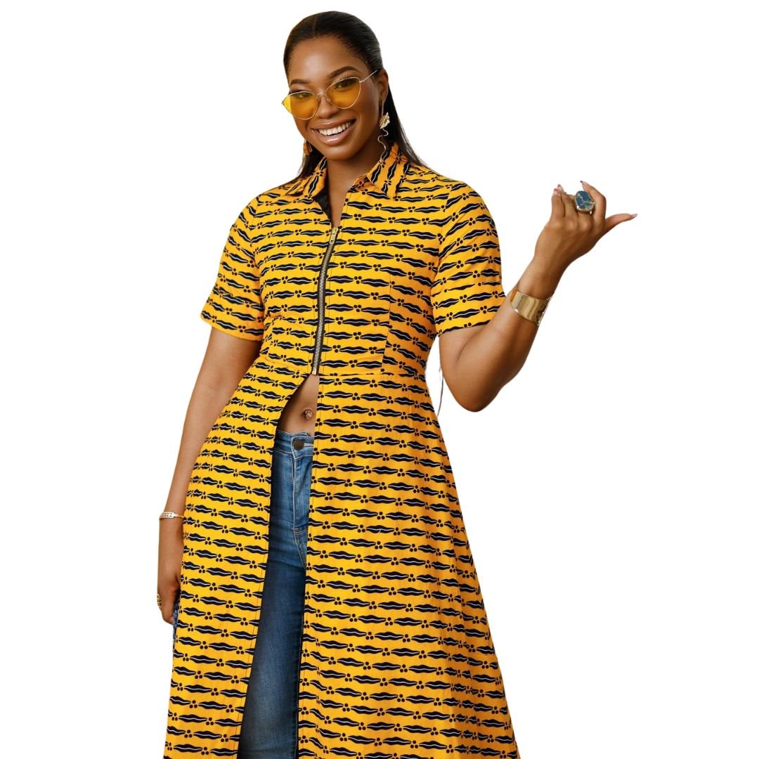 FOLA AFRICAN PRINT COLLARED ZIP FRONT TOP DRESS [YELLOW] - Especially Yours