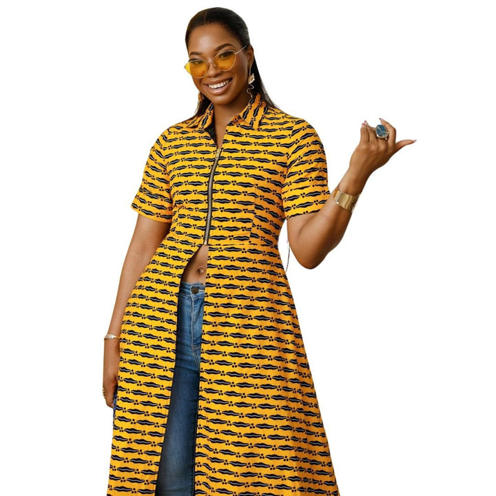 FOLA AFRICAN PRINT COLLARED ZIP FRONT TOP DRESS [YELLOW] - Especially Yours