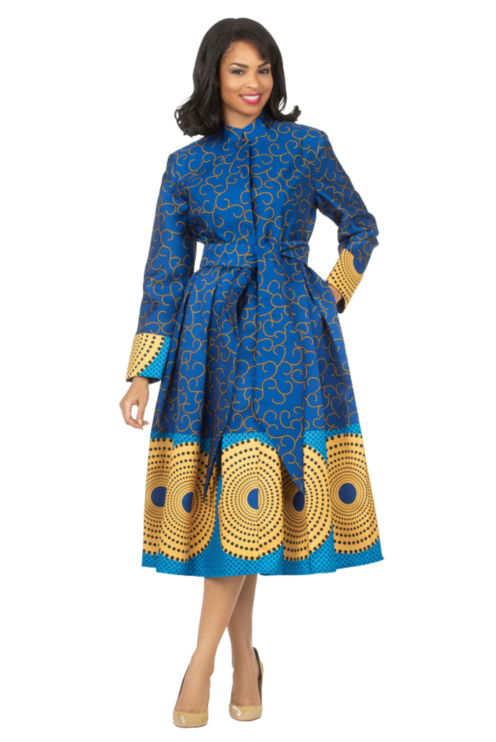 1pc Stand Collar A-line Royal Print Dress w/ Belt