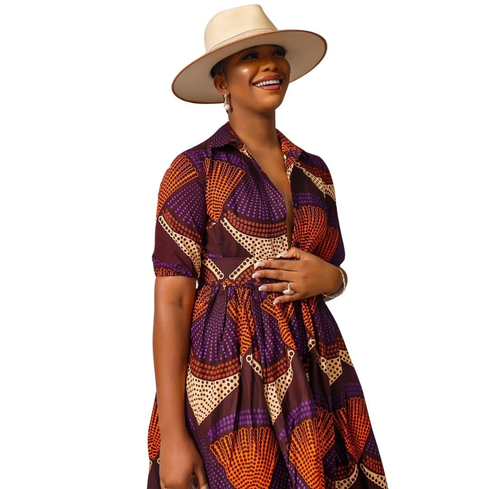 MOREMI AFRICAN PRINT BUTTON DOWN DRESS [PURPLE] - Especially Yours