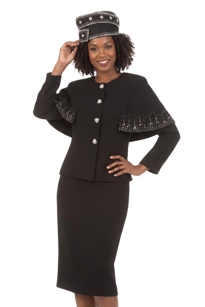 2-Piece Rhinestone Cape Skirt Suit with Stoned Cuffs – Plus Size