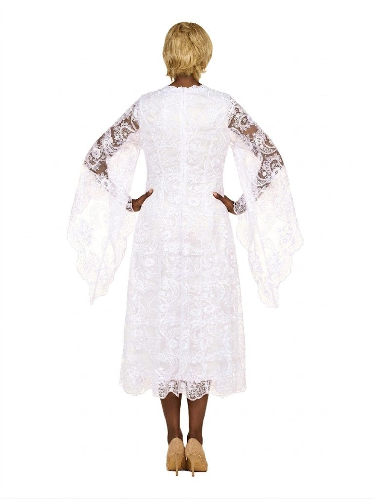 White Lace A-Line Dress w/ Draped Sheer Slvs-Plus