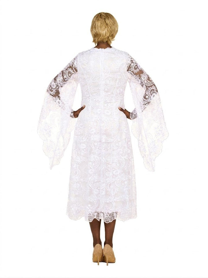 White Lace A-Line Dress w/ Draped Sheer Slvs-Plus