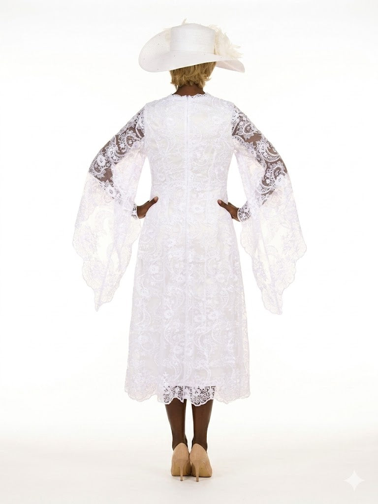 White Lace A-Line Dress with Draped Sheer Sleeves