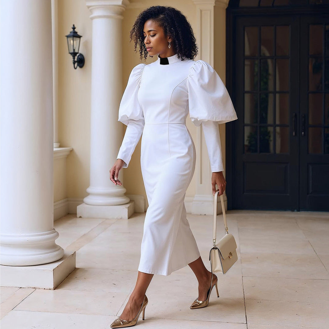 Clergy Dress with Puff Sleeves and Classic Collar BLACK/WHITE / 14 Clergy Dress with Puff Sleeves and Classic Collar BLACK/WHITE / 14