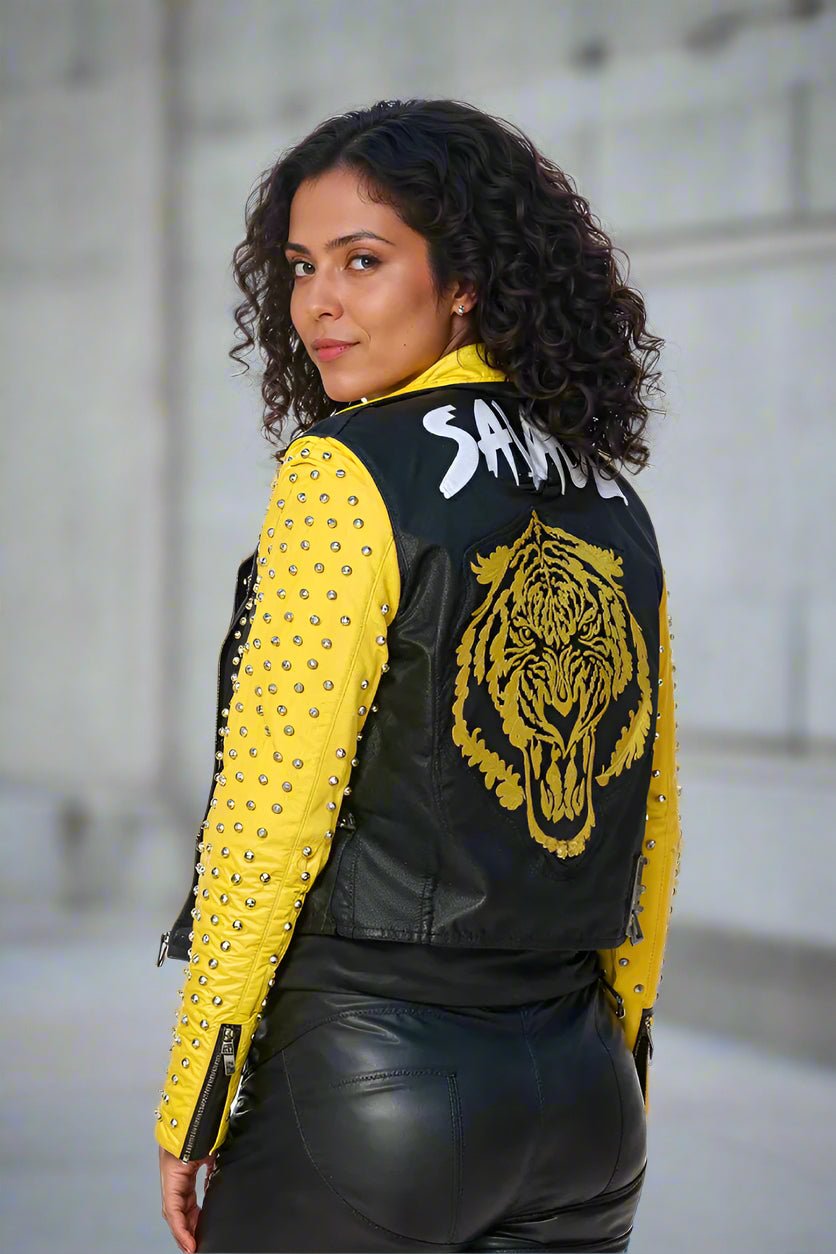 Studded Faux Leather Moto Jacket with Embroidered Tiger Back - 81751 - Especially Yours