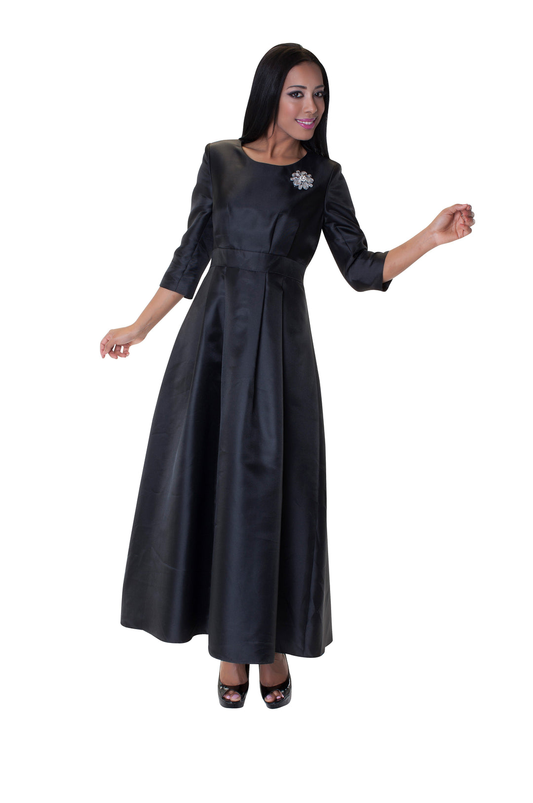 Satin Dress with Rhinestone Brooch -4497