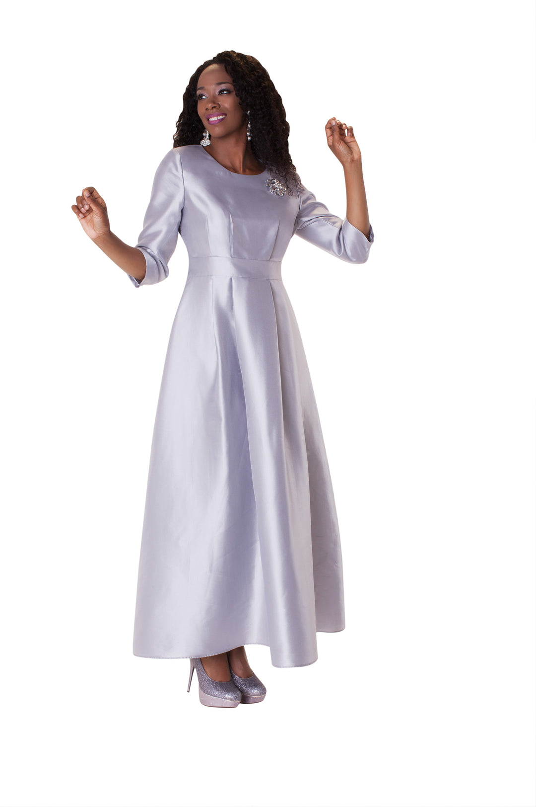 Satin Dress with Rhinestone Brooch -4497