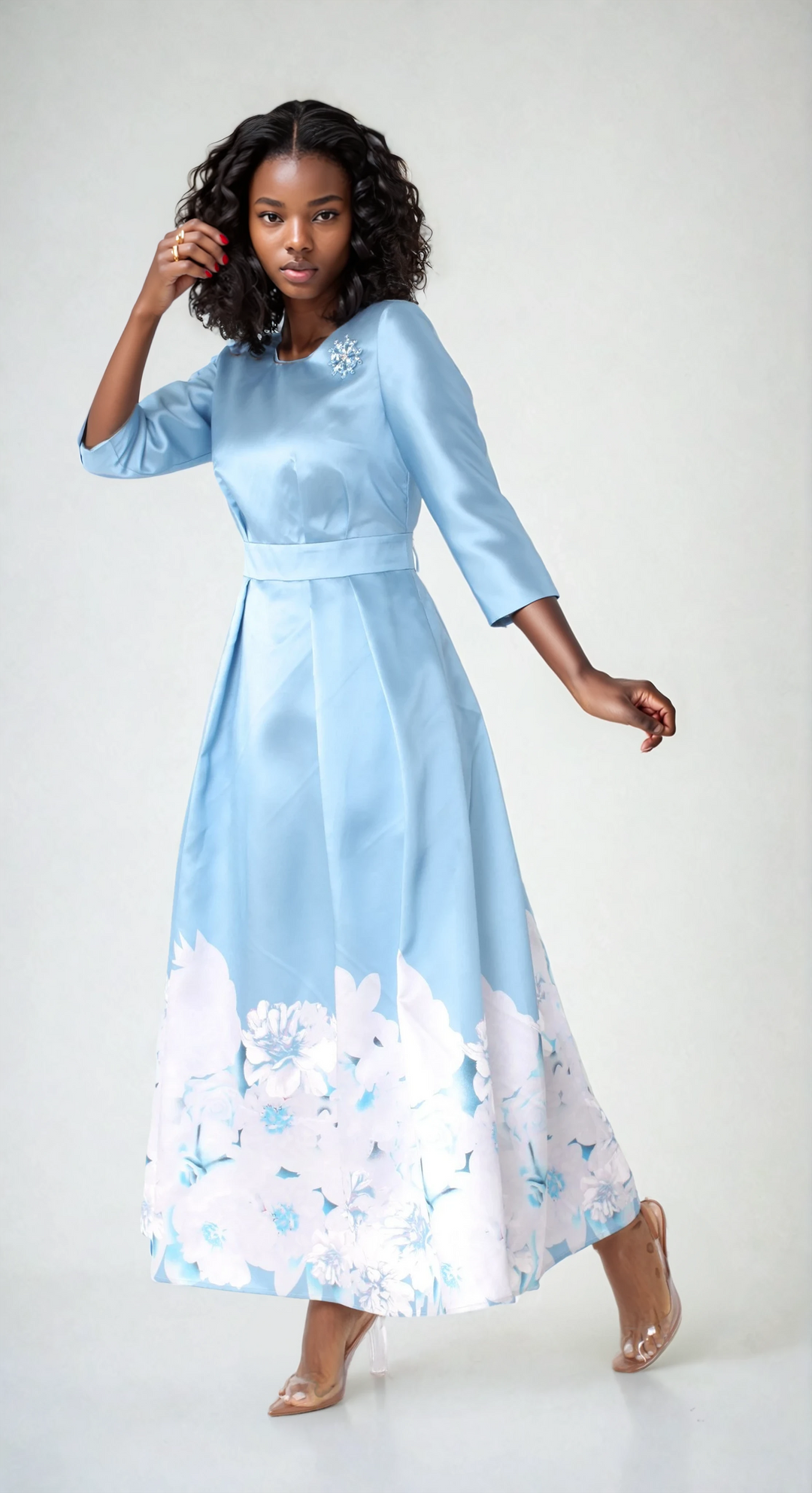 Satin Dress with Rhinestone Brooch -4497