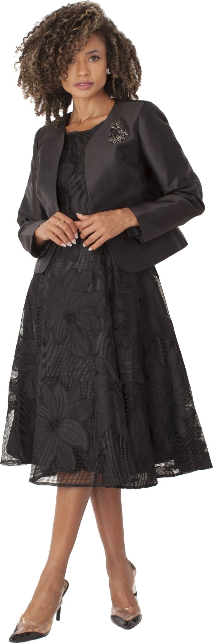 Plus Size Elegant 2 - Piece Church Dress with Floral Lace and Jewel Brooch - 4806W - Especially Yours
