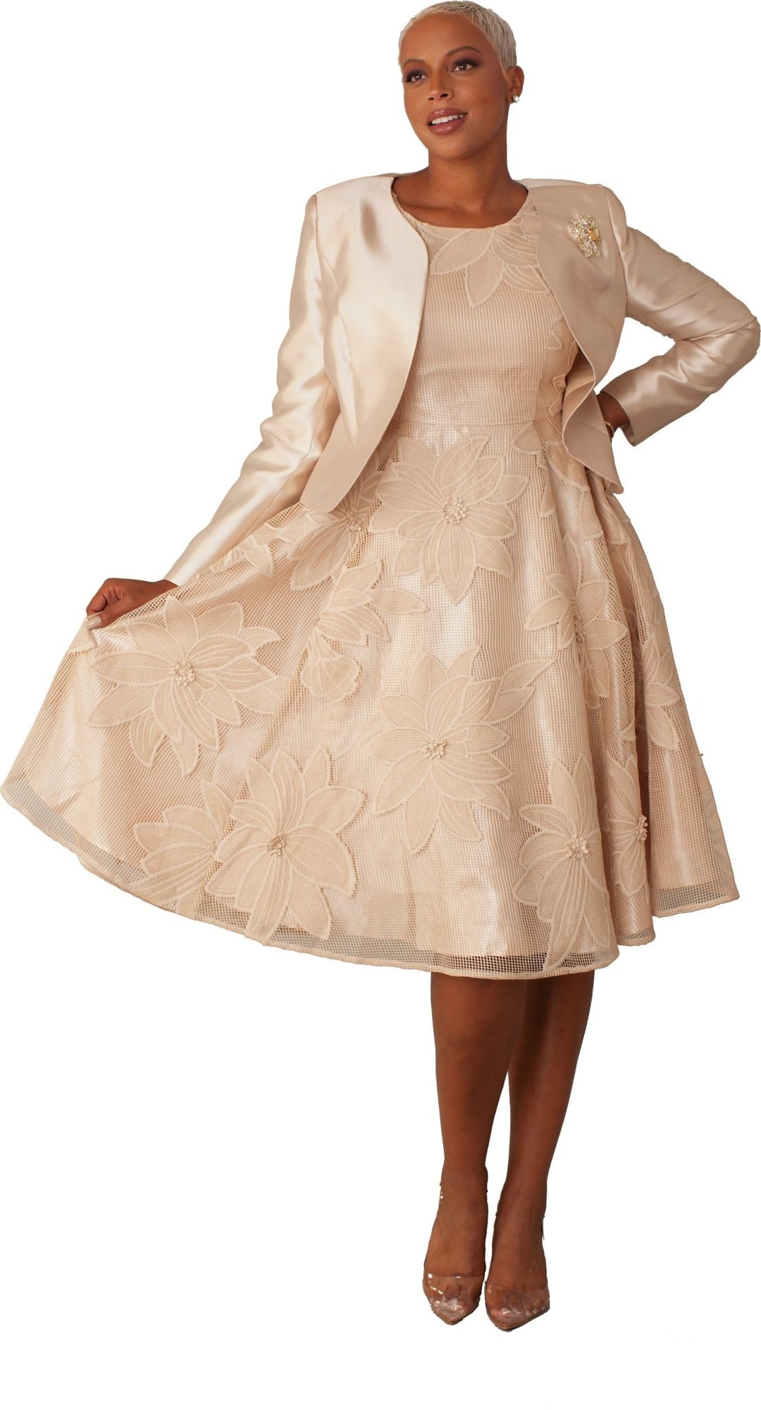 Plus Size Elegant 2 - Piece Church Dress with Floral Lace and Jewel Brooch - 4806W - Especially Yours