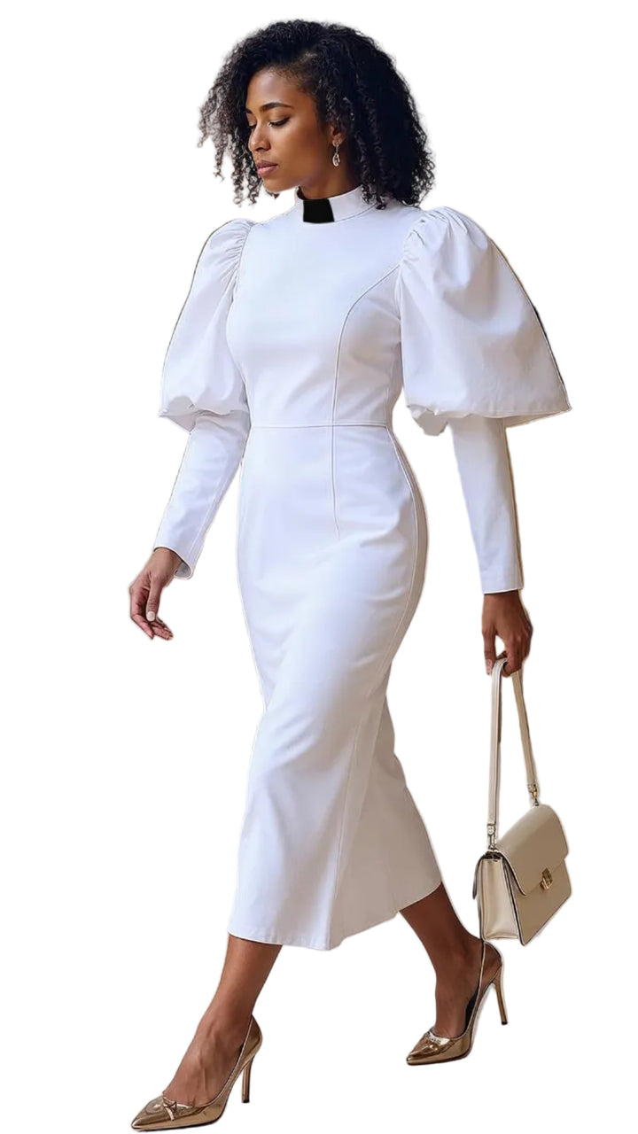 Plus Size Women's Clergy Dress with Puff Sleeves and Classic Collar- 4813W - Especially Yours