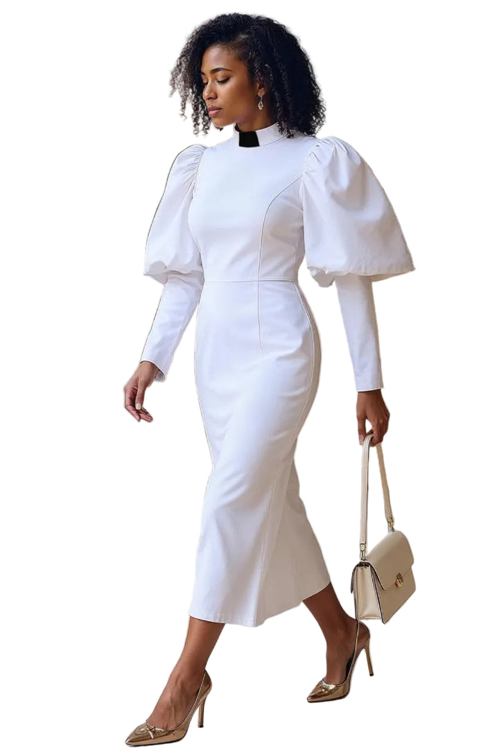 Plus Size Women's Clergy Dress with Puff Sleeves - 4813W