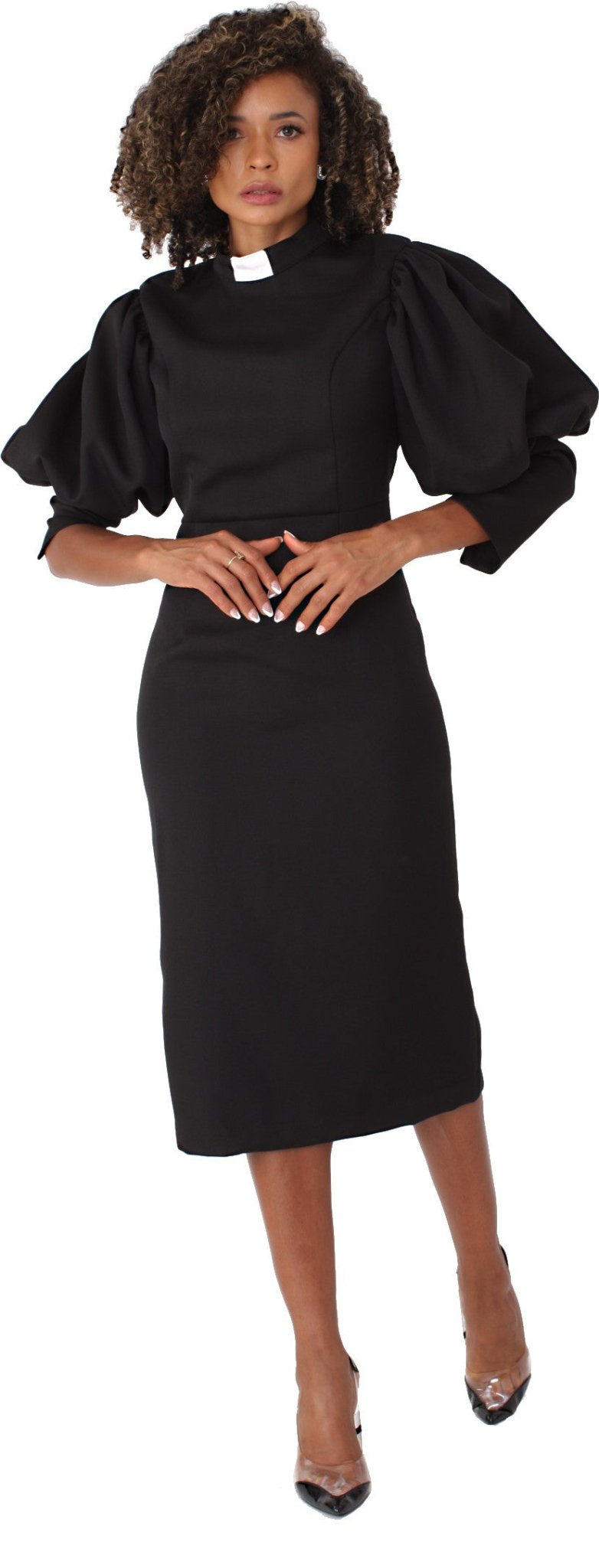 Plus Size Women's Clergy Dress with Puff Sleeves and Classic Collar- 4813W 