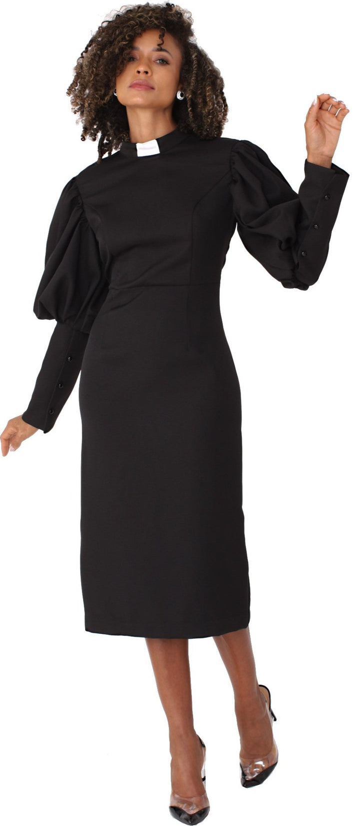 Plus Size Women's Clergy Dress with Puff Sleeves and Classic Collar PURPLE/WHITE / 20W Plus Size Women's Clergy Dress with Puff Sleeves and Classic Collar PURPLE/WHITE / 20W