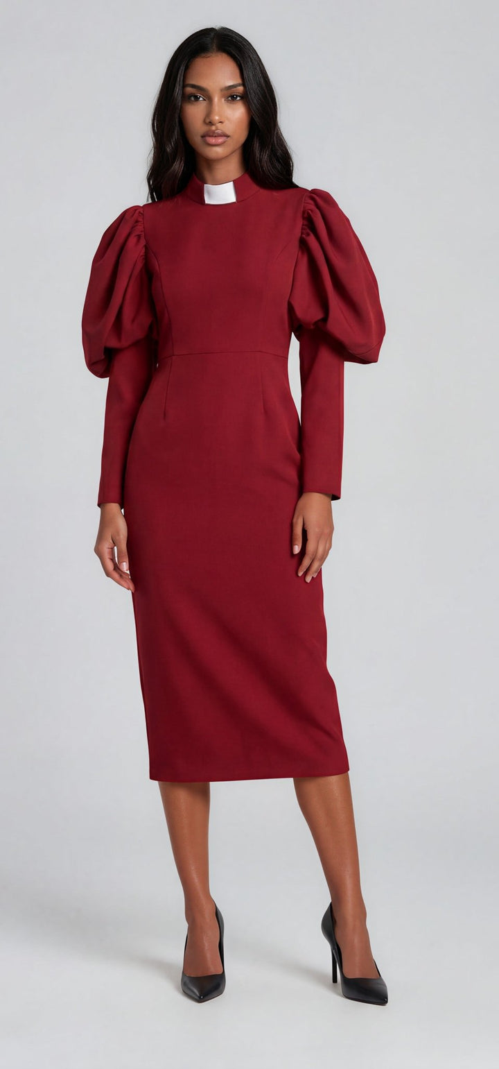 Plus Size Women's Clergy Dress with Puff Sleeves and Classic Collar - 4813W - Especially Yours
