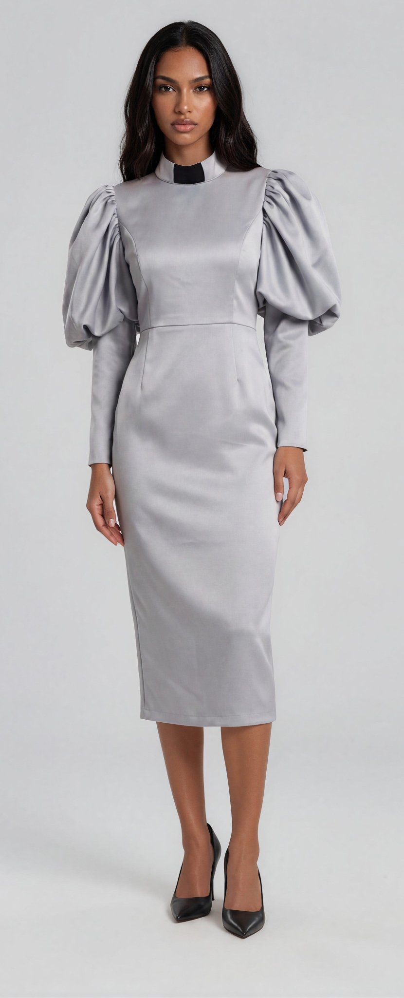Plus Size Women's Clergy Dress with Puff Sleeves and Classic Collar - 4813W - Especially Yours