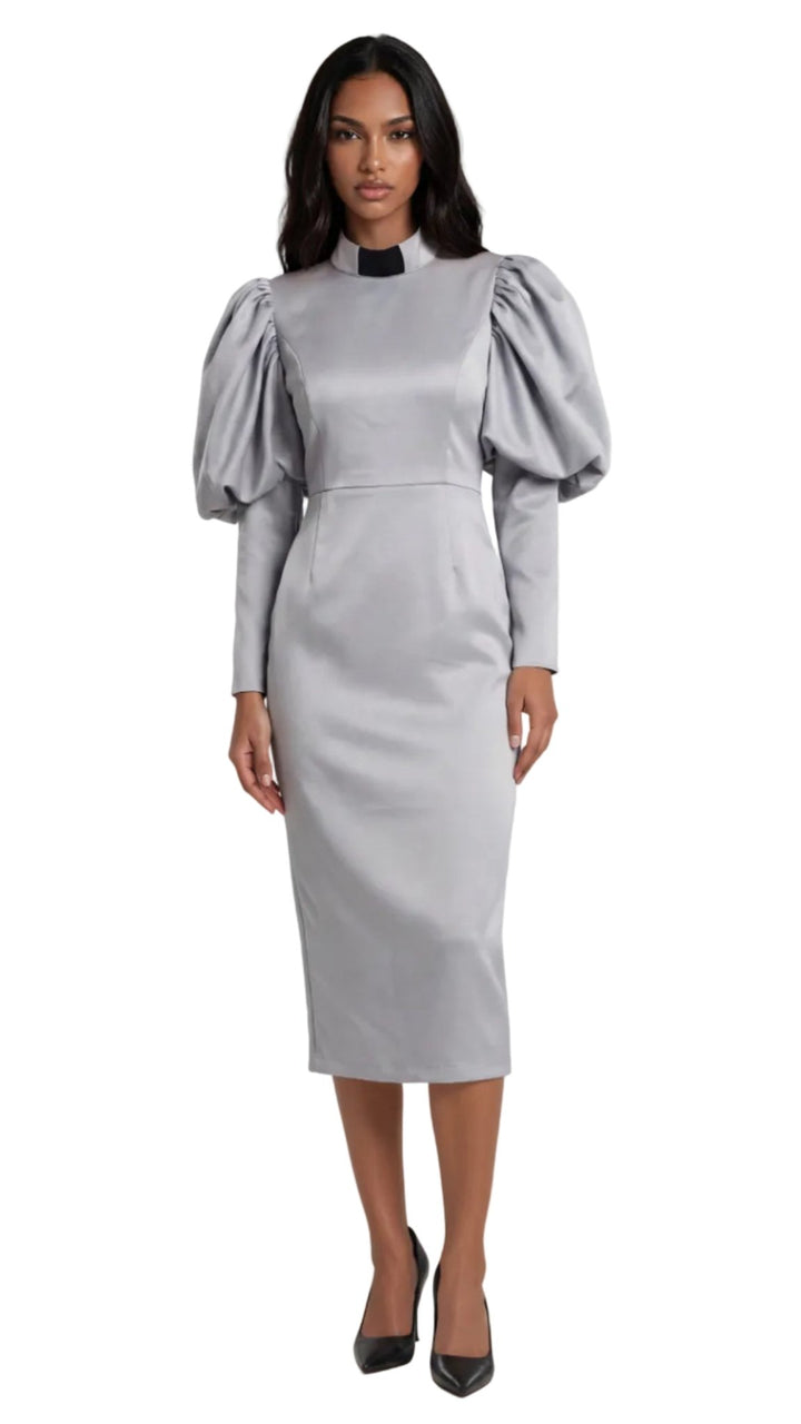 Plus Size Women's Clergy Dress with Puff Sleeves and Classic Collar- 4813W - Especially Yours