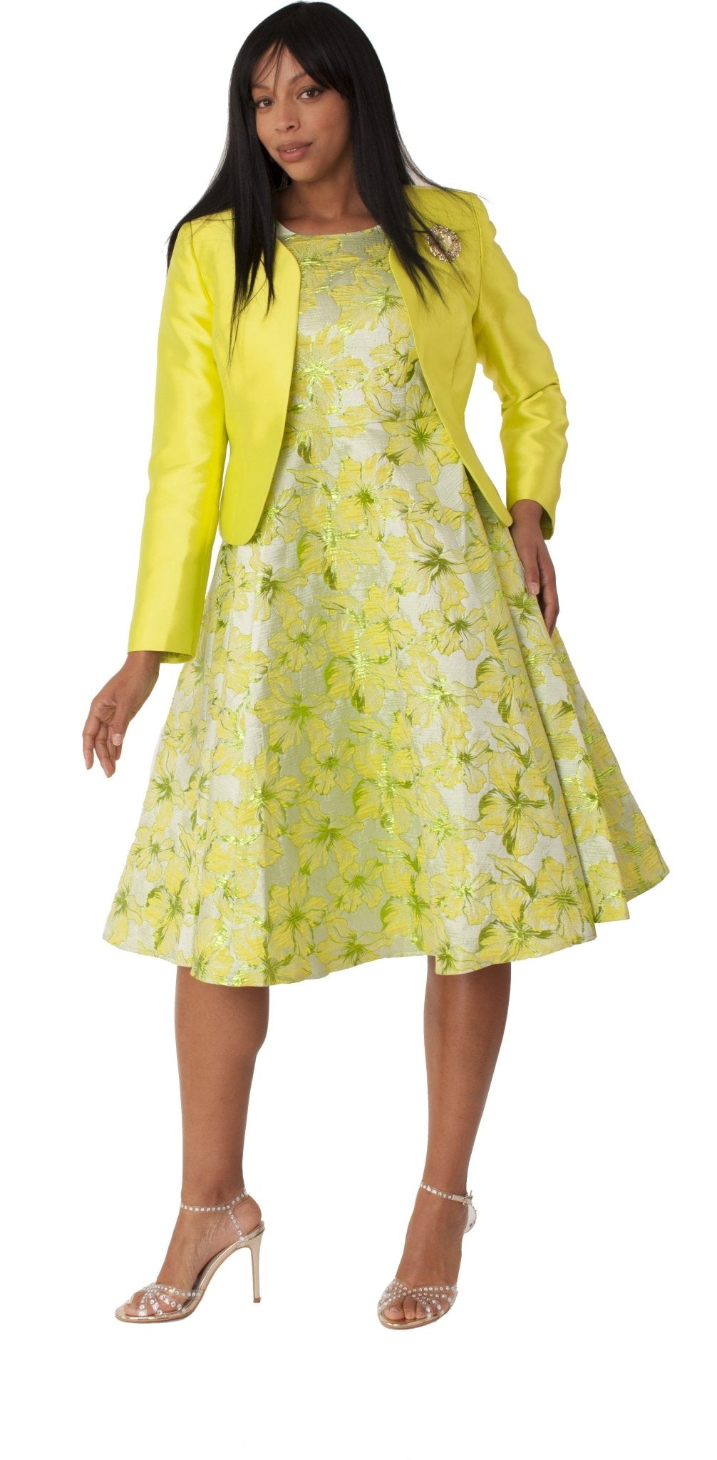 Plus Size Floral Brocade Church Dress with Jacket- 4819W LIME / 20W