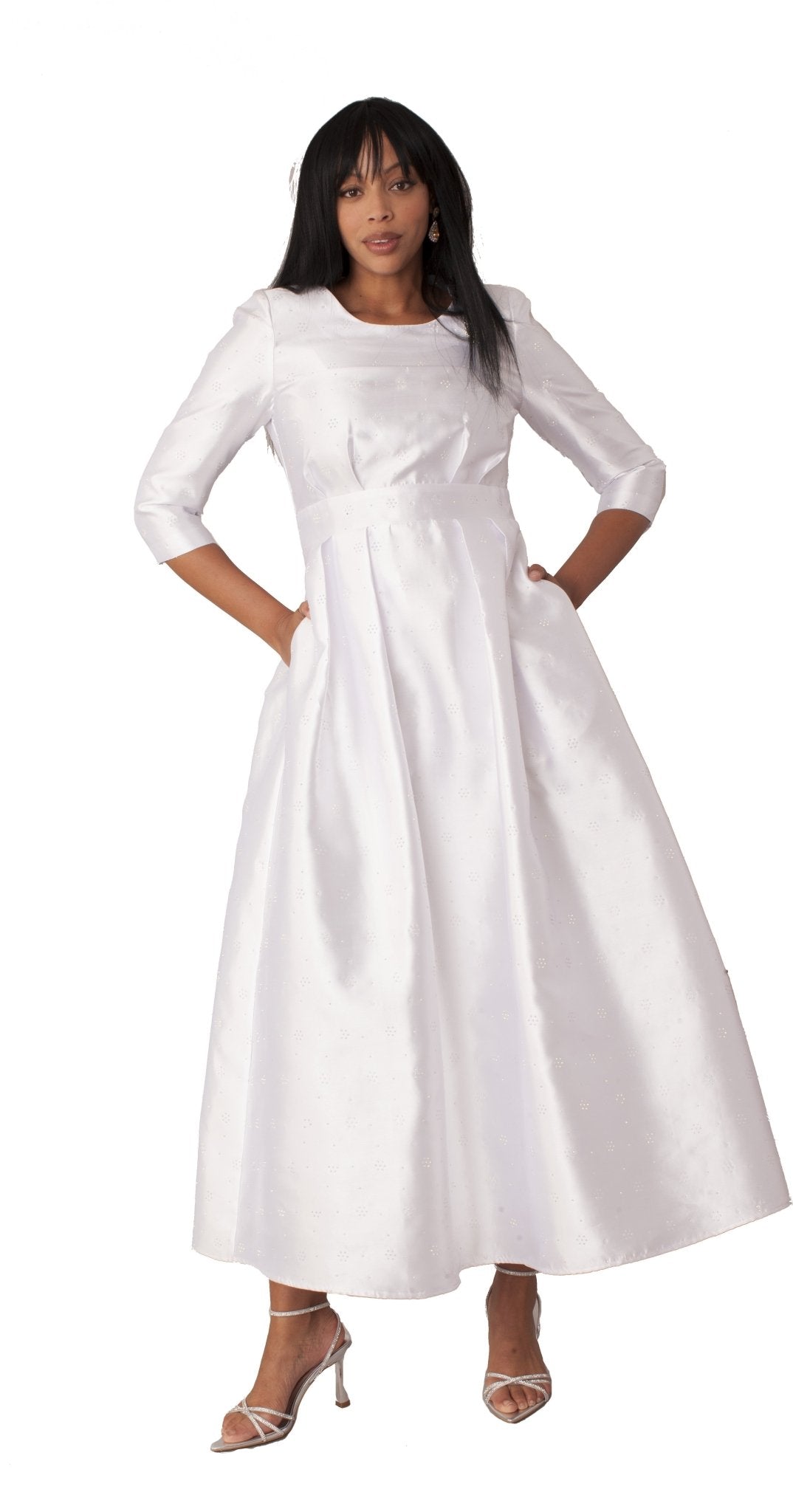 3/4 Sleeve Rhinestone Embellished Church Dress White SILVER / 16