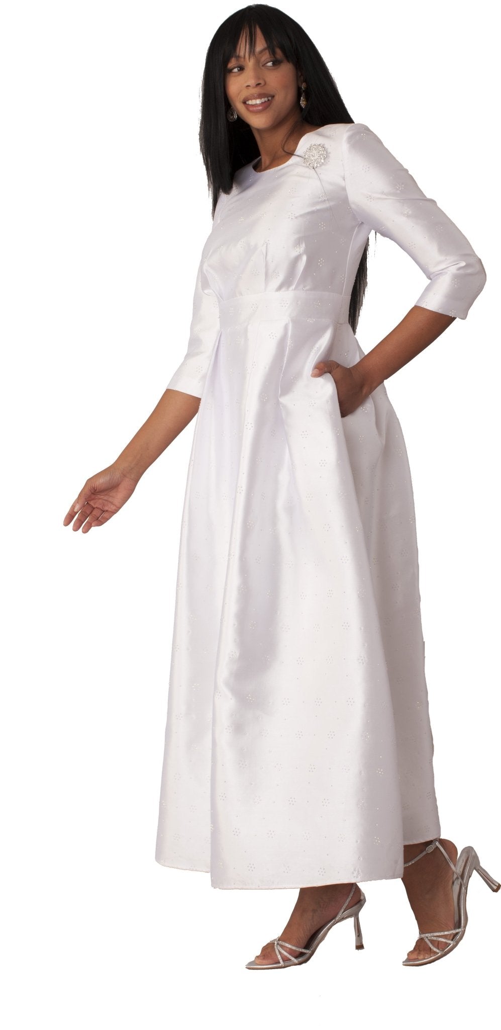 3/4 Sleeve Rhinestone Embellished Church Dress White SILVER / 16
